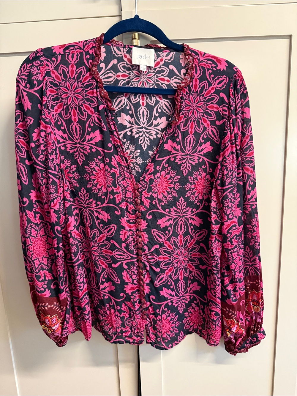 Jade Pink and Navy Floral V-Neck Blouse